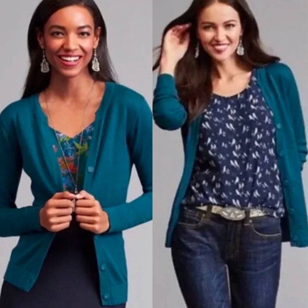 🦋 CABI Ever Snap Front Knit Cardigan Sweater Teal XS Casual Fall Holiday Cute